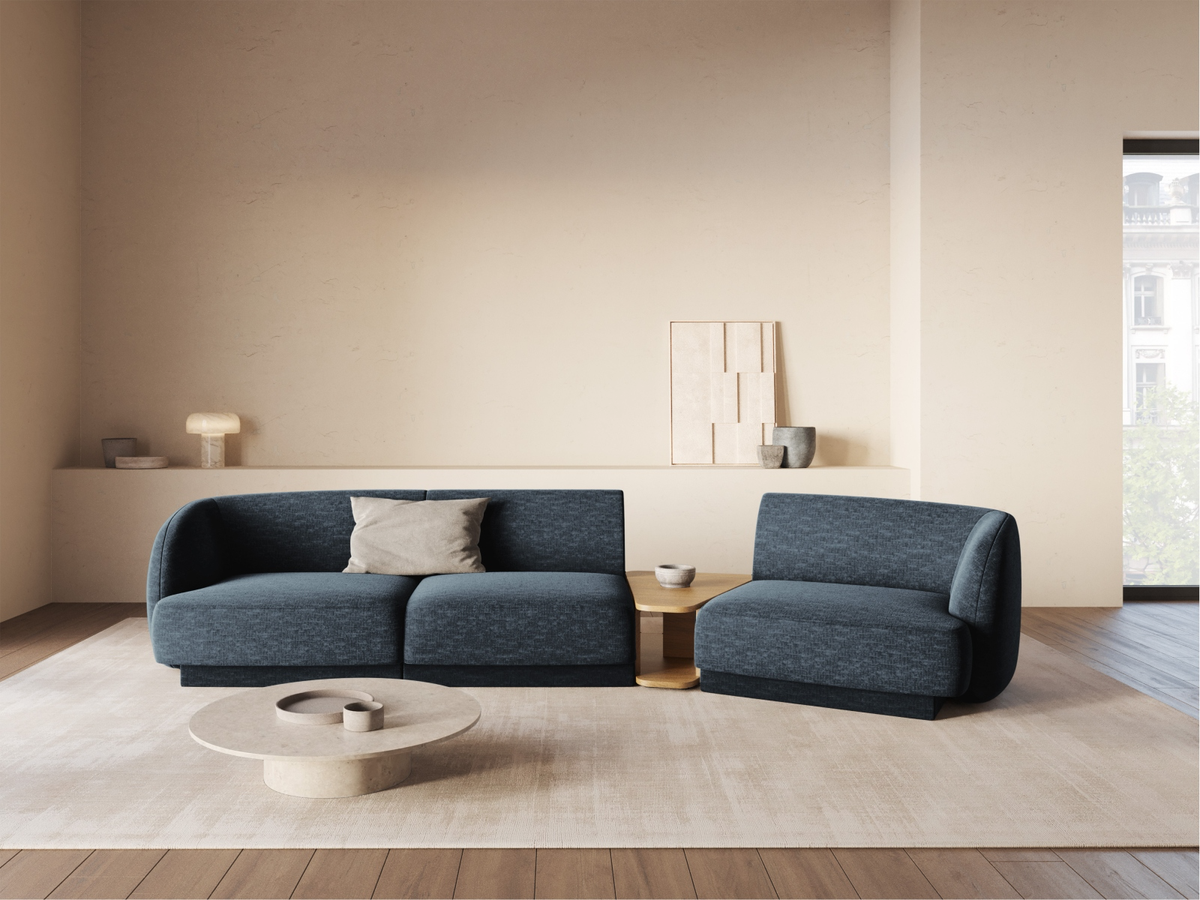 
Modulares Design Sofa „Miley“ mit Beistelltisch (3-Sitzer) - Chenille Dunkelblau / Abgerundete Seite rechts
