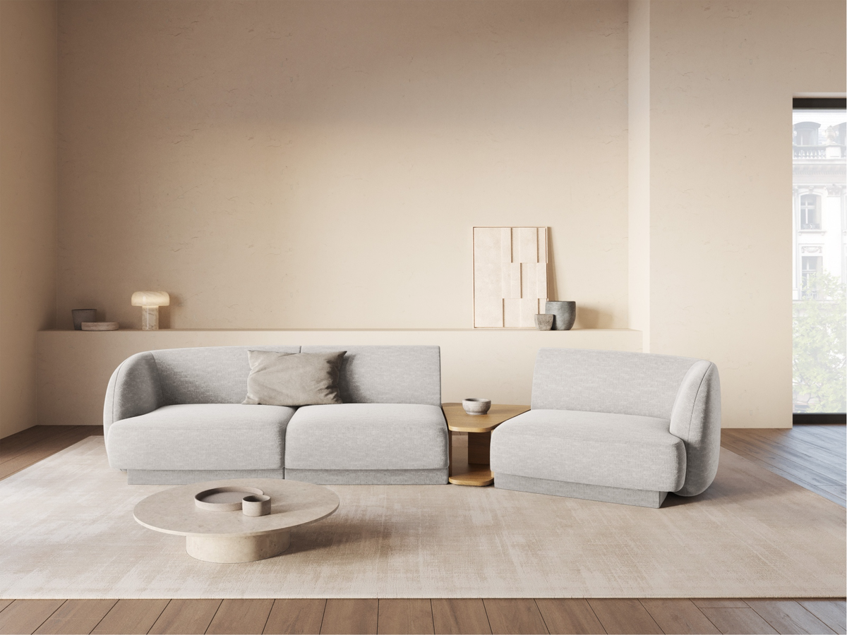 
Modulares Design Sofa „Miley“ mit Beistelltisch (3-Sitzer) - Chenille Hellgrau / Abgerundete Seite rechts