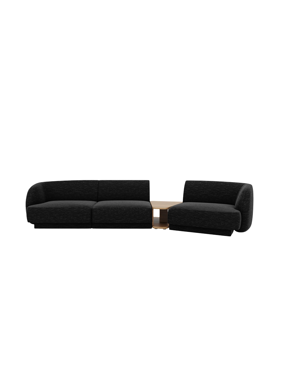 
Modulares Design Sofa „Miley“ mit Beistelltisch (3-Sitzer) - Chenille Schwarz / Abgerundete Seite rechts