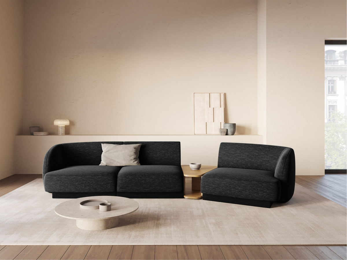 
Modulares Design Sofa „Miley“ mit Beistelltisch (3-Sitzer) - Chenille Schwarz / Abgerundete Seite rechts