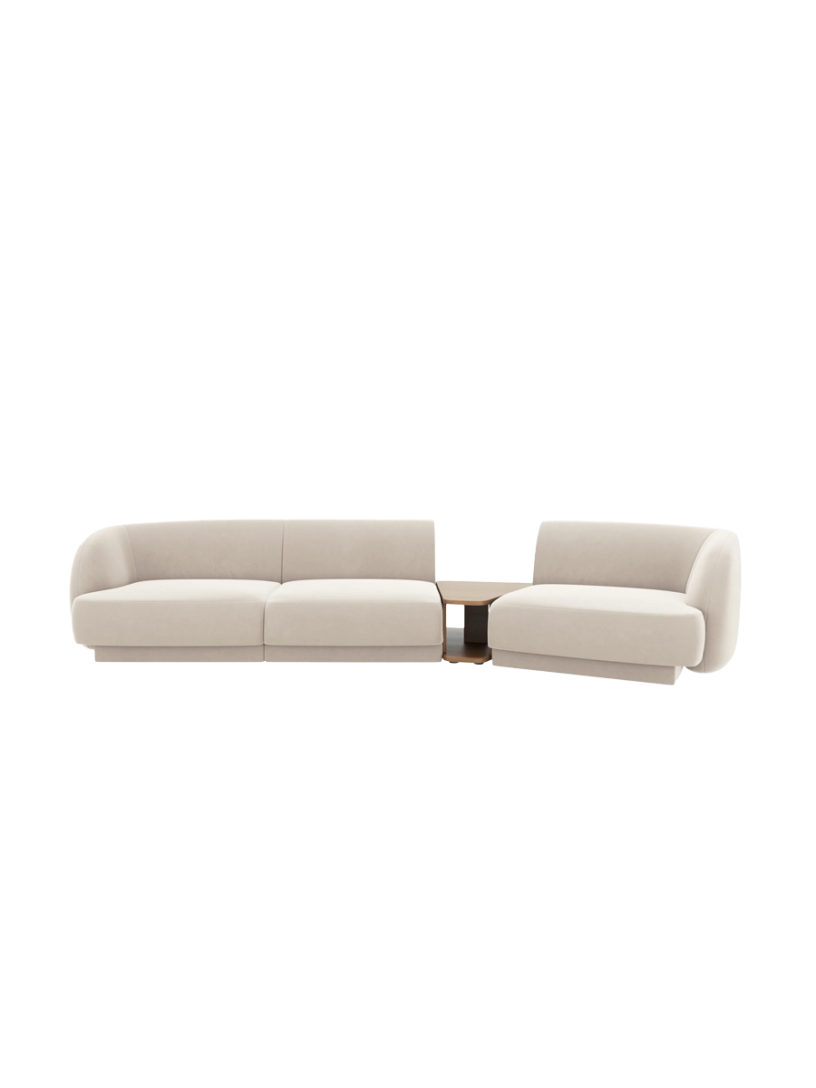 
Modulares Design Sofa „Miley“ mit Beistelltisch (3-Sitzer) - Samt Light Beige / Abgerundete Seite rechts