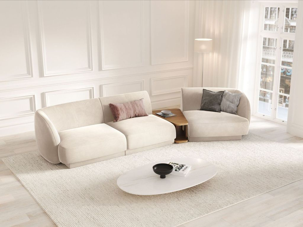 
Modulares Design Sofa „Miley“ mit Beistelltisch (3-Sitzer) - Samt Light Beige / Abgerundete Seite rechts