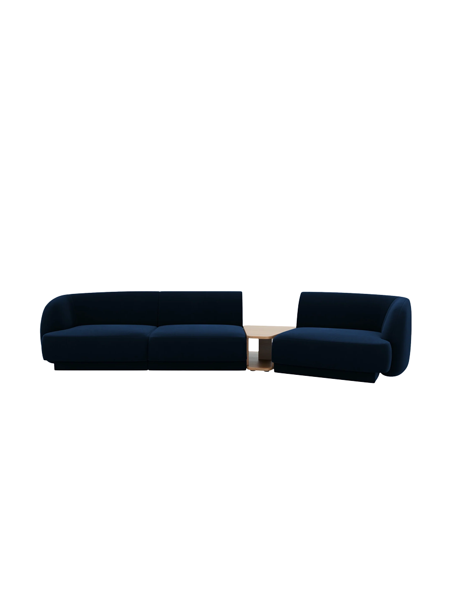 
Modulares Design Sofa „Miley“ mit Beistelltisch (3-Sitzer) - Samt Königsblau / Abgerundete Seite rechts