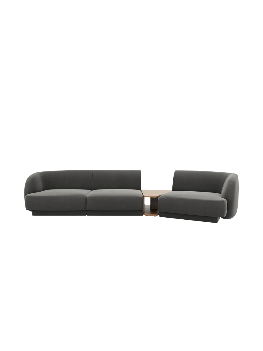 
Modulares Design Sofa „Miley“ mit Beistelltisch (3-Sitzer) - Samt Hellgrau / Abgerundete Seite rechts