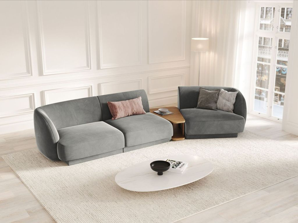 
Modulares Design Sofa „Miley“ mit Beistelltisch (3-Sitzer) - Samt Hellgrau / Abgerundete Seite rechts
