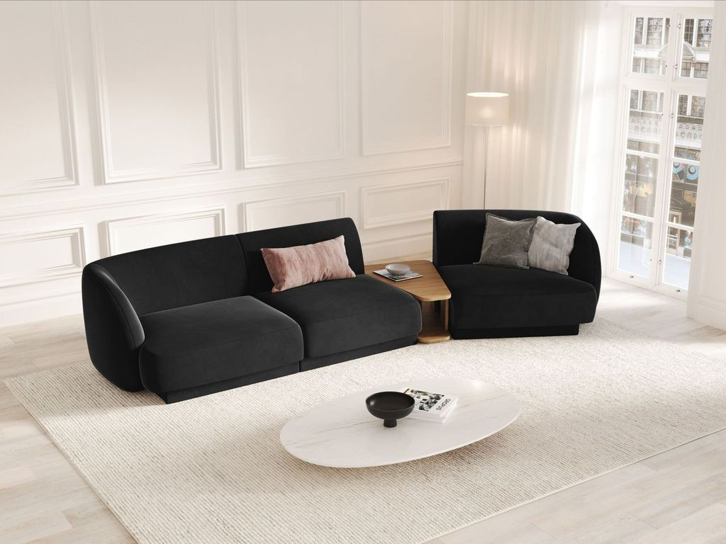 
Modulares Design Sofa „Miley“ mit Beistelltisch (3-Sitzer) - Samt Schwarz / Abgerundete Seite rechts