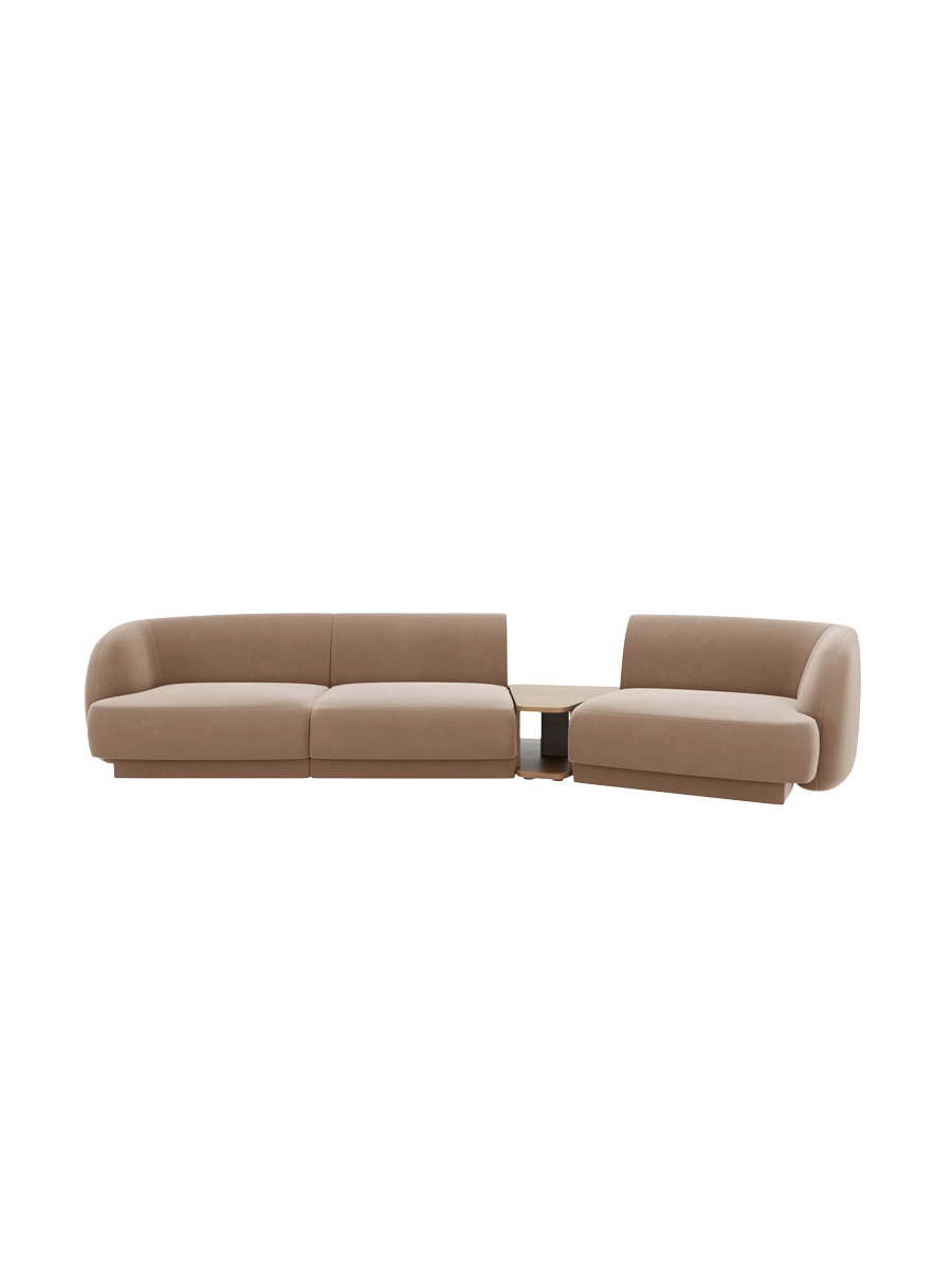
Modulares Design Sofa „Miley“ mit Beistelltisch (3-Sitzer) - Samt Cappuccino / Abgerundete Seite rechts