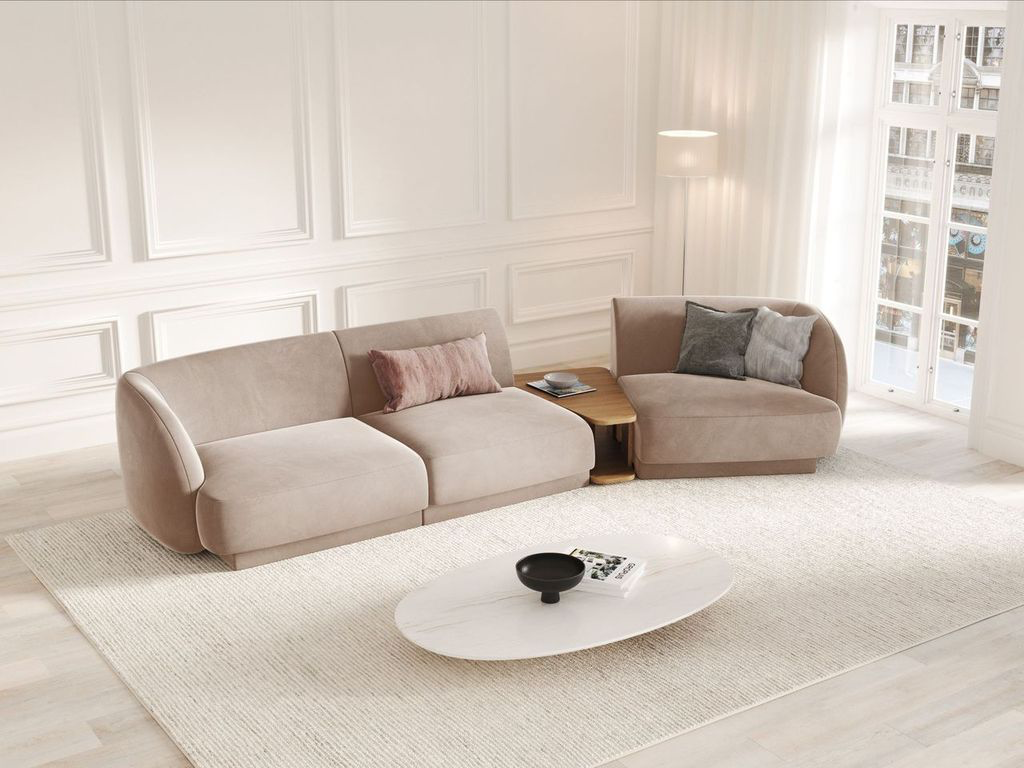 
Modulares Design Sofa „Miley“ mit Beistelltisch (3-Sitzer) - Samt Cappuccino / Abgerundete Seite rechts