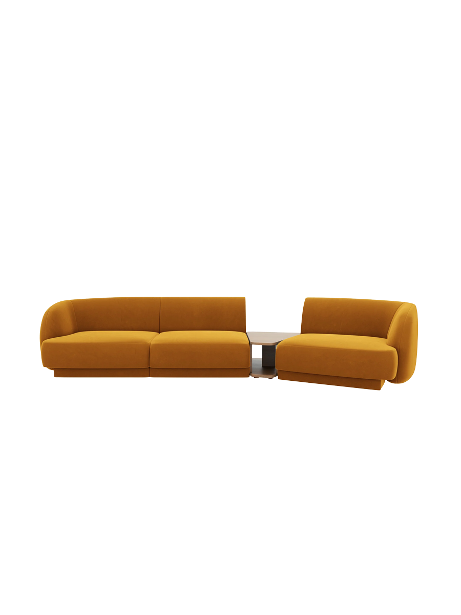 
Modulares Design Sofa „Miley“ mit Beistelltisch (3-Sitzer) - Samt Senfgelb / Abgerundete Seite rechts
