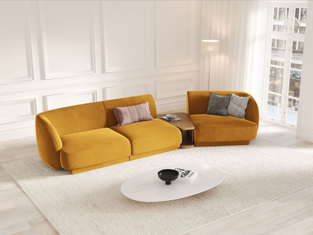 
Modulares Design Sofa „Miley“ mit Beistelltisch (3-Sitzer) - Samt Senfgelb / Abgerundete Seite rechts