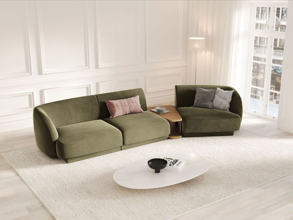 
Modulares Design Sofa „Miley“ mit Beistelltisch (3-Sitzer) - Samt Grün / Abgerundete Seite rechts