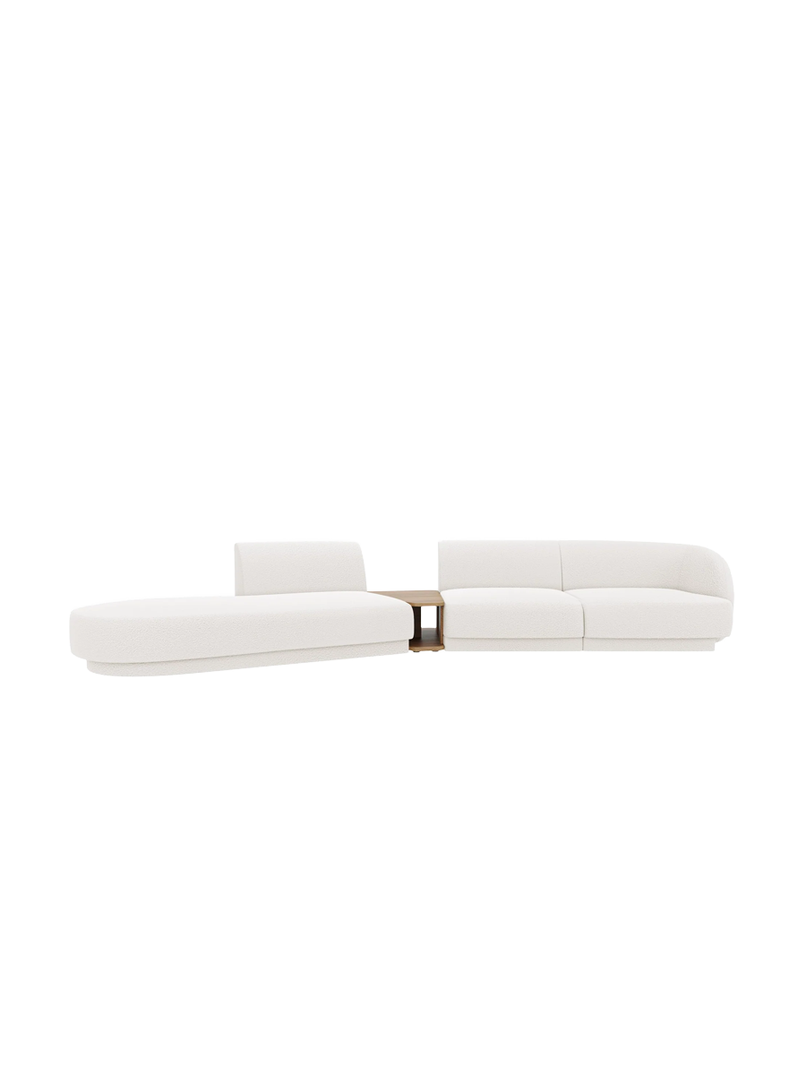 
Modulares Design Sofa „Miley“ mit Beistelltisch (4-Sitzer) - Bouclé Weiss / Ottomane links