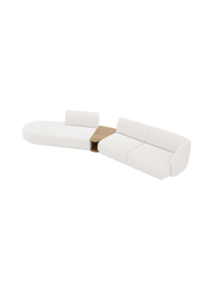 
Modulares Design Sofa „Miley“ mit Beistelltisch (4-Sitzer) - Bouclé Weiss / Ottomane links
