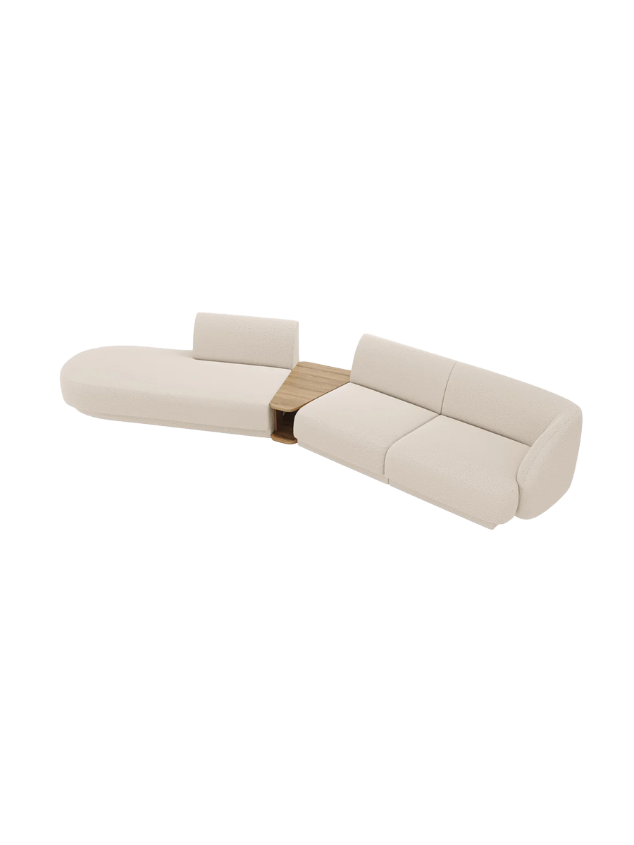 
Modulares Design Sofa „Miley“ mit Beistelltisch (4-Sitzer) - Bouclé Beige / Ottomane links