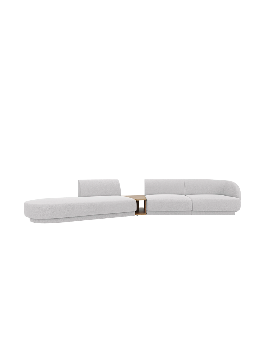
Modulares Design Sofa „Miley“ mit Beistelltisch (4-Sitzer) - Bouclé Hellgrau / Ottomane links