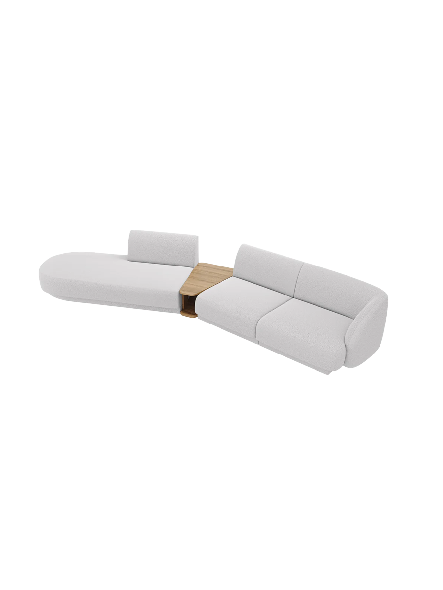 
Modulares Design Sofa „Miley“ mit Beistelltisch (4-Sitzer) - Bouclé Hellgrau / Ottomane links