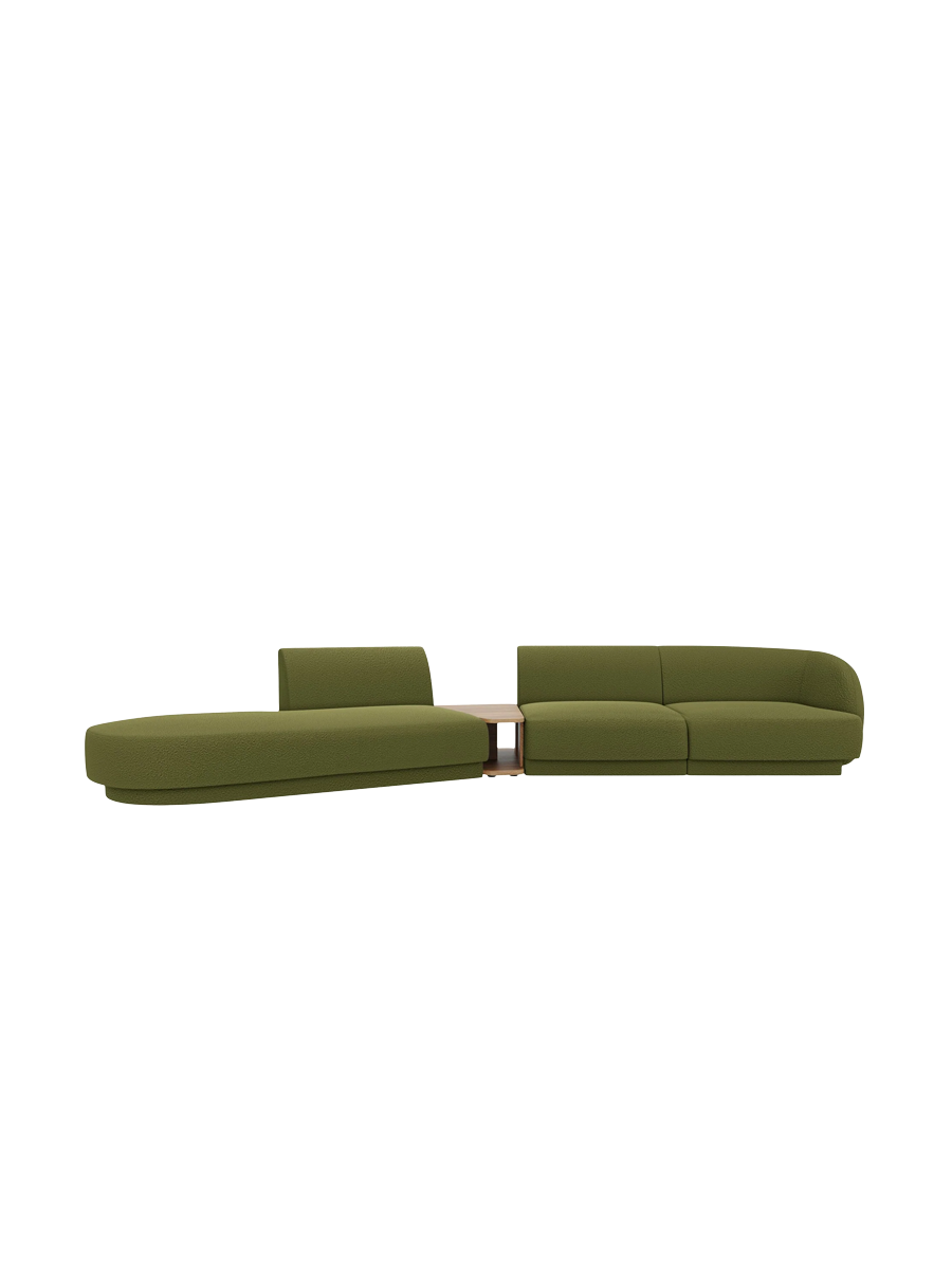 
Modulares Design Sofa „Miley“ mit Beistelltisch (4-Sitzer) - Bouclé Olivgrün / Ottomane links