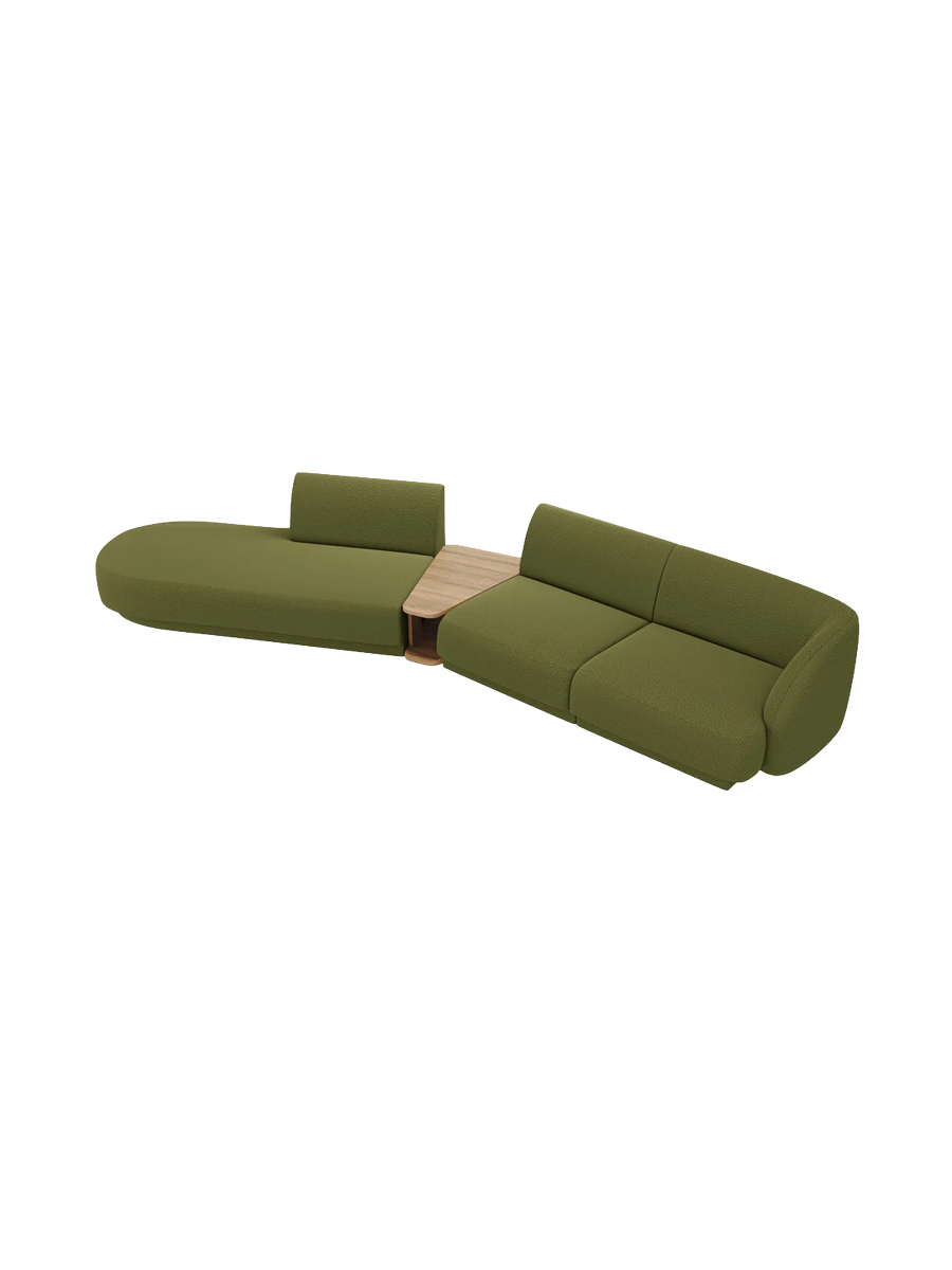 
Modulares Design Sofa „Miley“ mit Beistelltisch (4-Sitzer) - Bouclé Olivgrün / Ottomane links