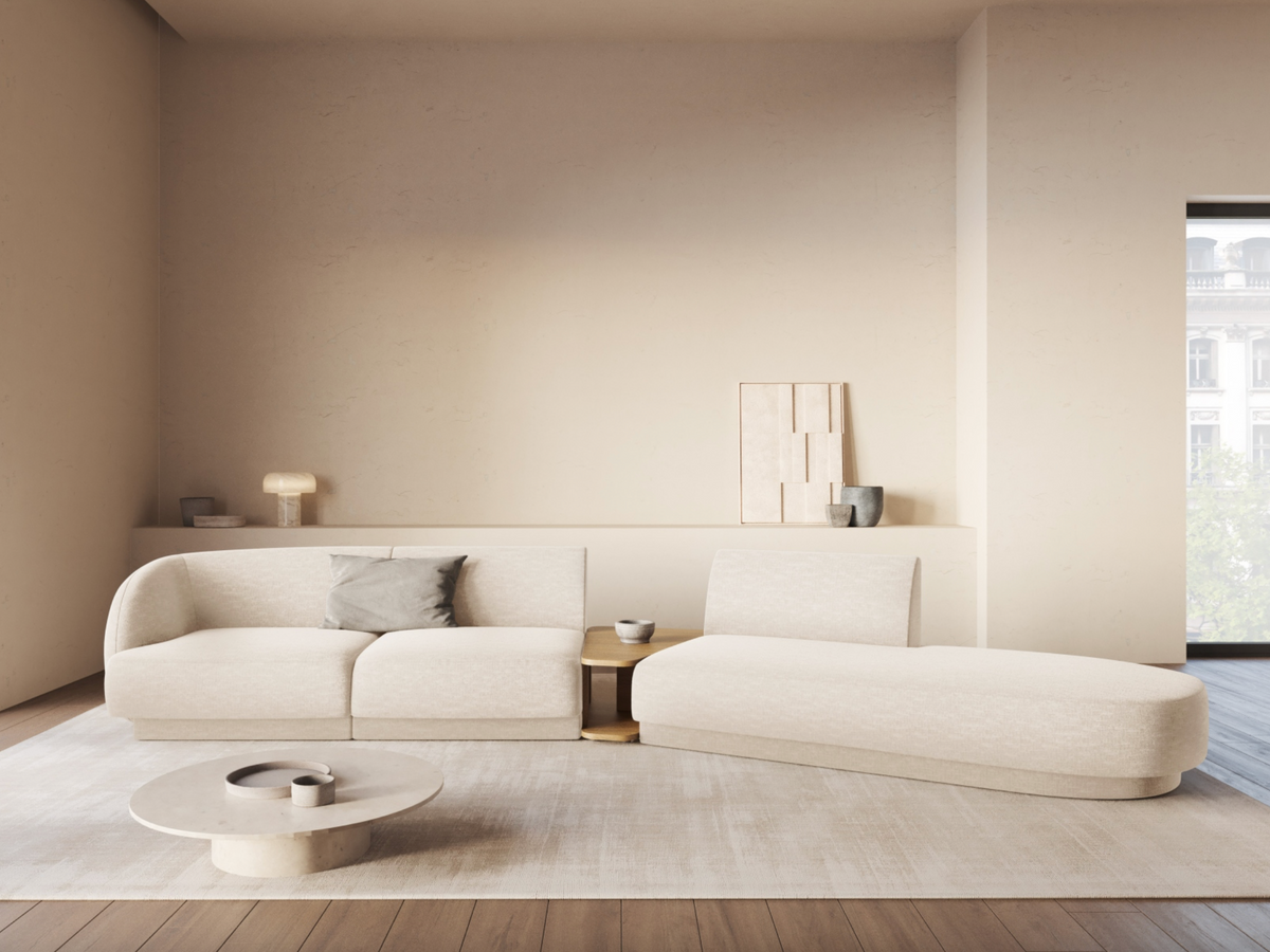 
Modulares Design Sofa „Miley“ mit Beistelltisch (4-Sitzer) - Chenille Light Beige / Ottomane links