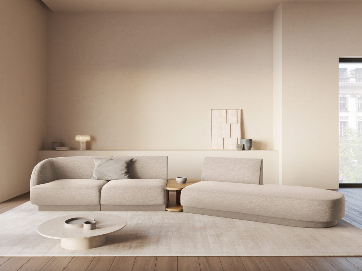 
Modulares Design Sofa „Miley“ mit Beistelltisch (4-Sitzer) - Chenille Beige / Ottomane links