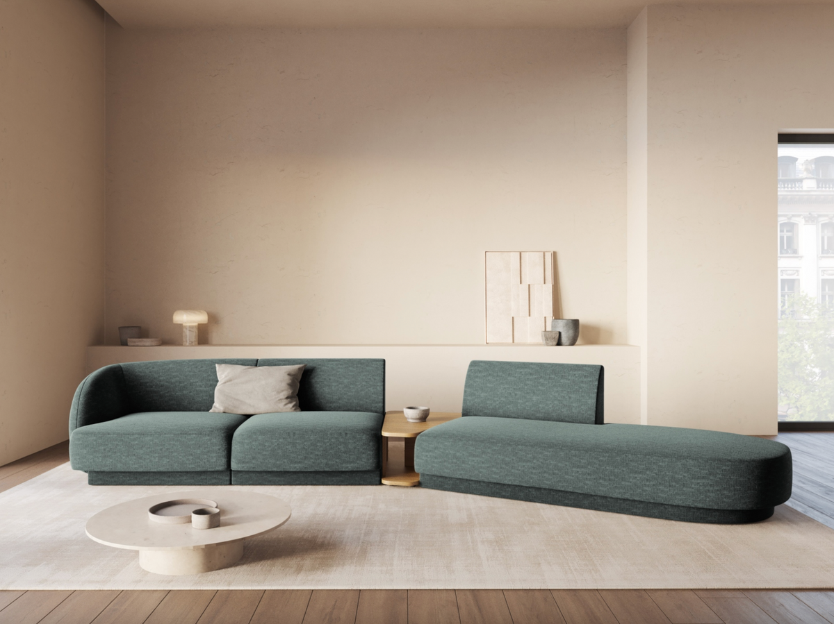 
Modulares Design Sofa „Miley“ mit Beistelltisch (4-Sitzer) - Chenille Petrol / Ottomane links