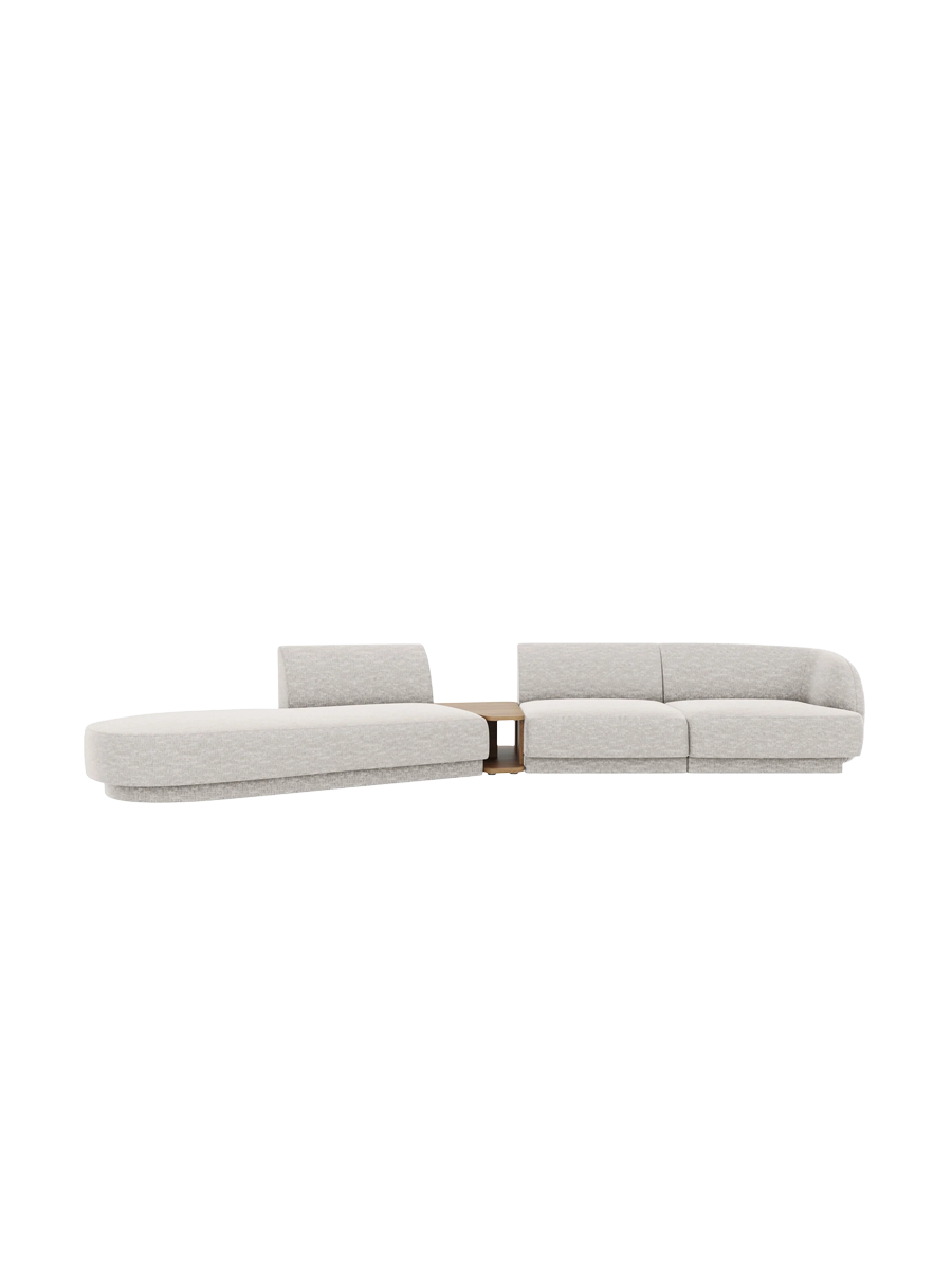 
Modulares Design Sofa „Miley“ mit Beistelltisch (4-Sitzer) - Chenille Hellgrau / Ottomane links