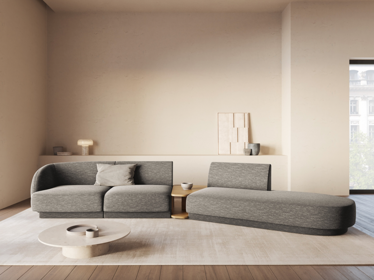 
Modulares Design Sofa „Miley“ mit Beistelltisch (4-Sitzer) - Chenille Grau / Ottomane links