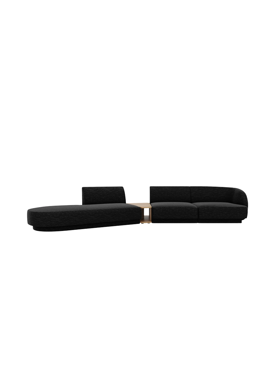 
Modulares Design Sofa „Miley“ mit Beistelltisch (4-Sitzer) - Chenille Schwarz / Ottomane links