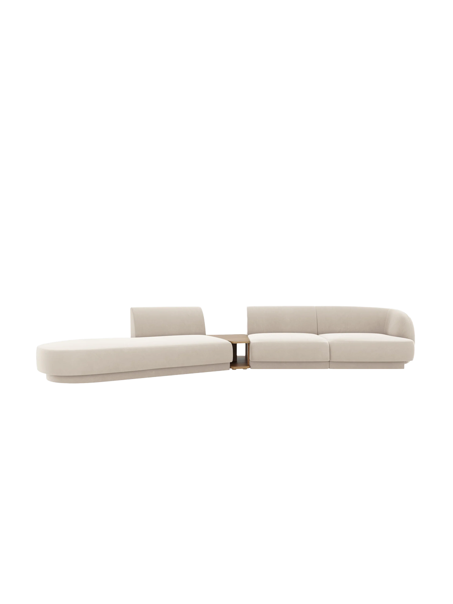 
Modulares Design Sofa „Miley“ mit Beistelltisch (4-Sitzer) - Samt Light Beige / Ottomane links