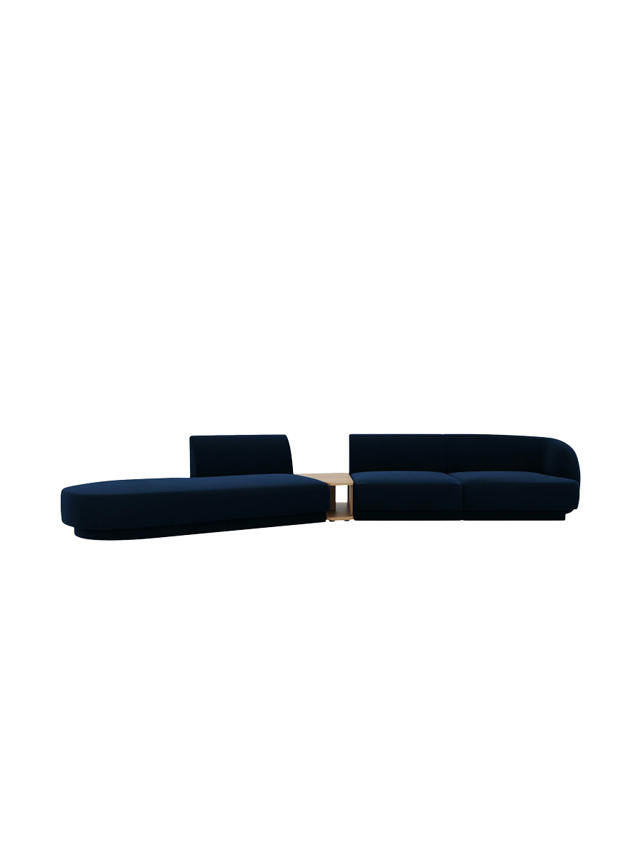 
Modulares Design Sofa „Miley“ mit Beistelltisch (4-Sitzer) - Samt Königsblau / Ottomane links