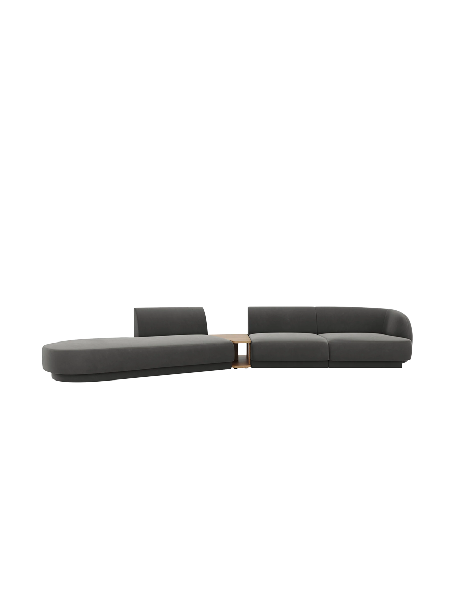 
Modulares Design Sofa „Miley“ mit Beistelltisch (4-Sitzer) - Samt Hellgrau / Ottomane links