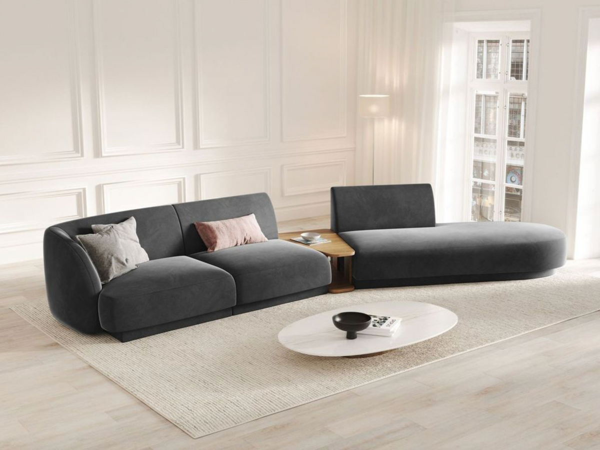 
Modulares Design Sofa „Miley“ mit Beistelltisch (4-Sitzer) - Samt Grau / Ottomane links