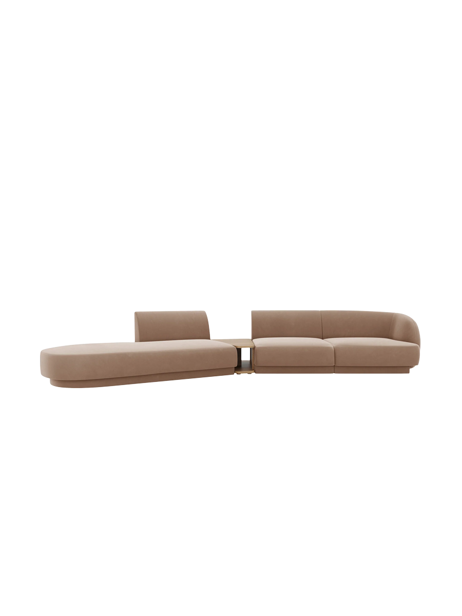 
Modulares Design Sofa „Miley“ mit Beistelltisch (4-Sitzer) - Samt Cappuccino / Ottomane links