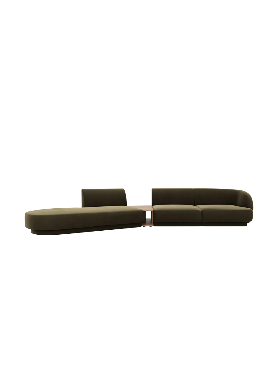 
Modulares Design Sofa „Miley“ mit Beistelltisch (4-Sitzer) - Samt Grün / Ottomane links