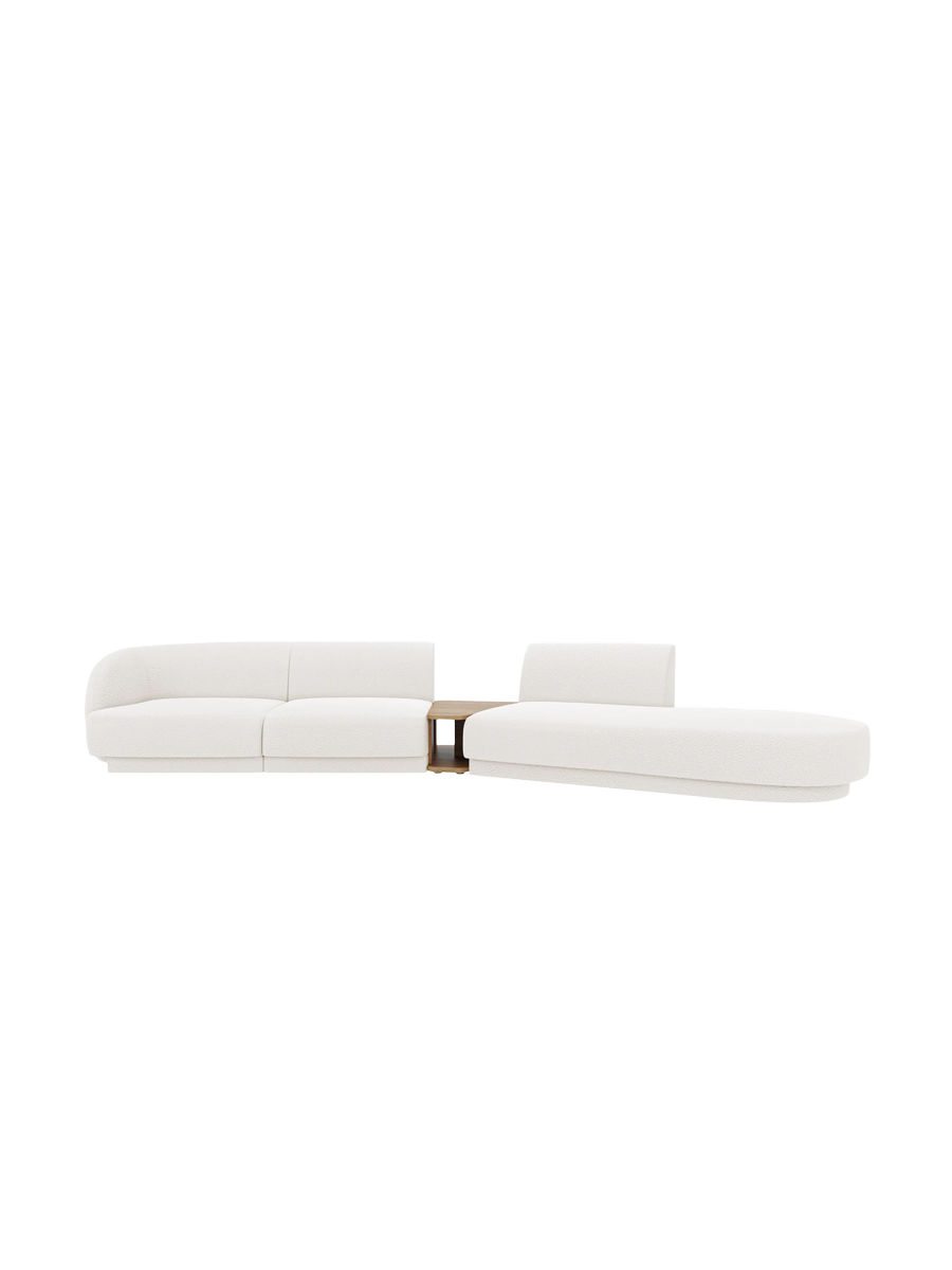 
Modulares Design Sofa „Miley“ mit Beistelltisch (4-Sitzer) - Bouclé Weiss / Ottomane rechts