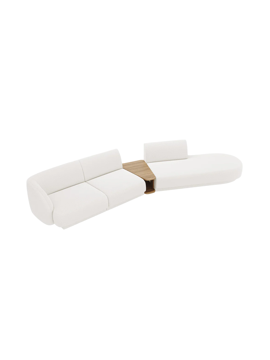 
Modulares Design Sofa „Miley“ mit Beistelltisch (4-Sitzer) - Bouclé Weiss / Ottomane rechts