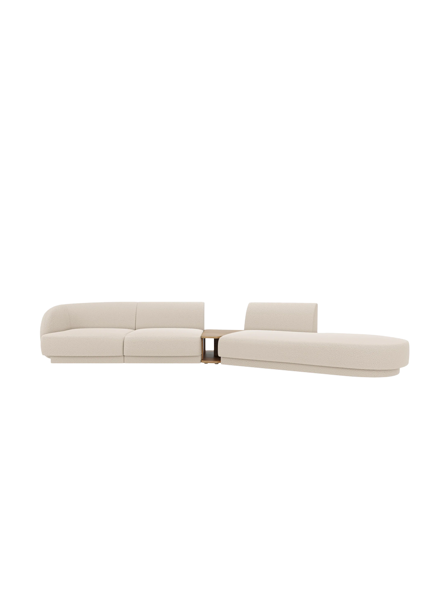 
Modulares Design Sofa „Miley“ mit Beistelltisch (4-Sitzer) - Bouclé Beige / Ottomane rechts