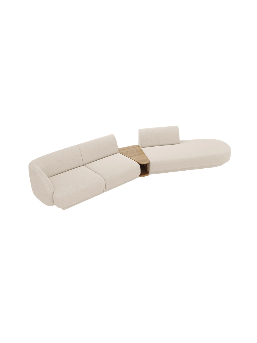 
Modulares Design Sofa „Miley“ mit Beistelltisch (4-Sitzer) - Bouclé Beige / Ottomane rechts