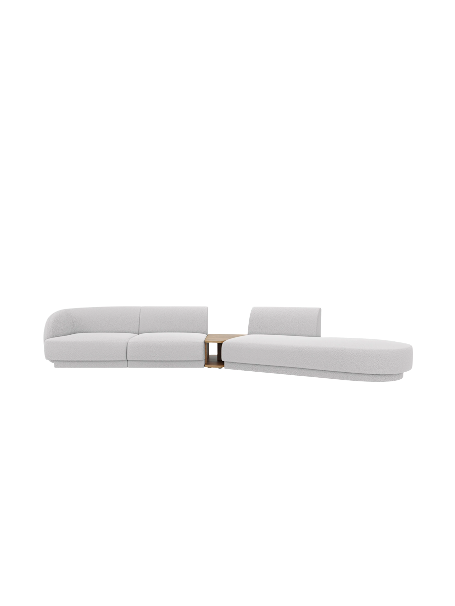 
Modulares Design Sofa „Miley“ mit Beistelltisch (4-Sitzer) - Bouclé Hellgrau / Ottomane rechts