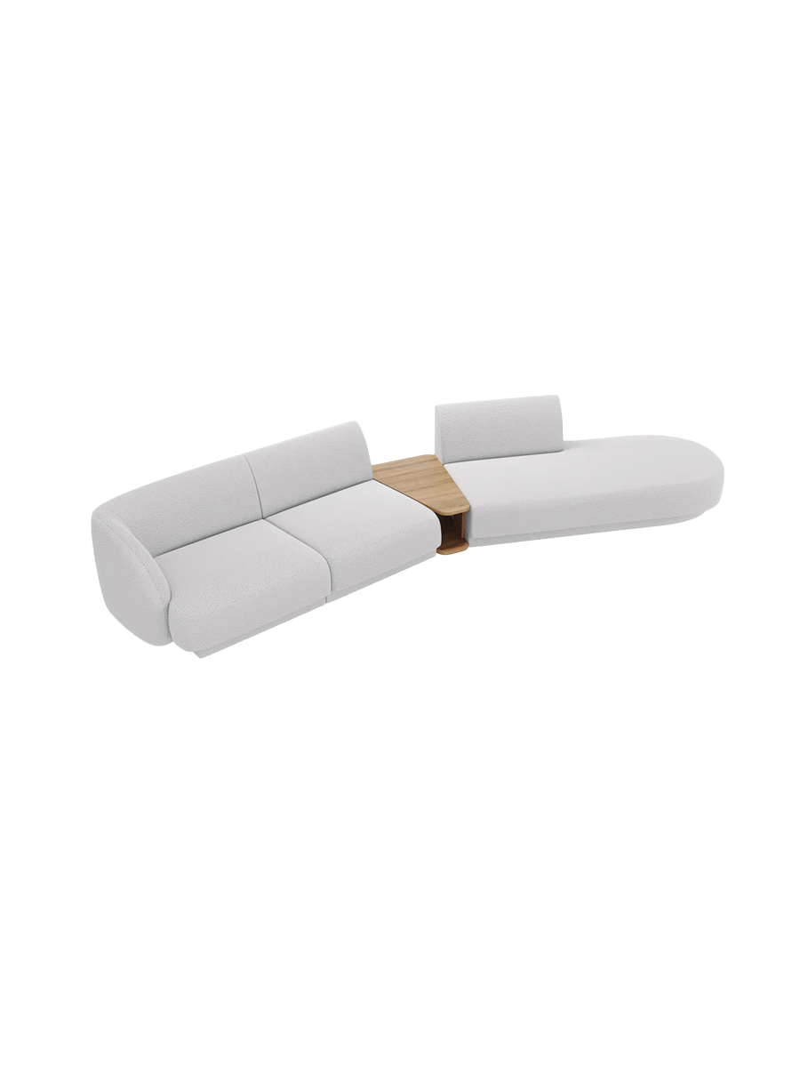 
Modulares Design Sofa „Miley“ mit Beistelltisch (4-Sitzer) - Bouclé Hellgrau / Ottomane rechts