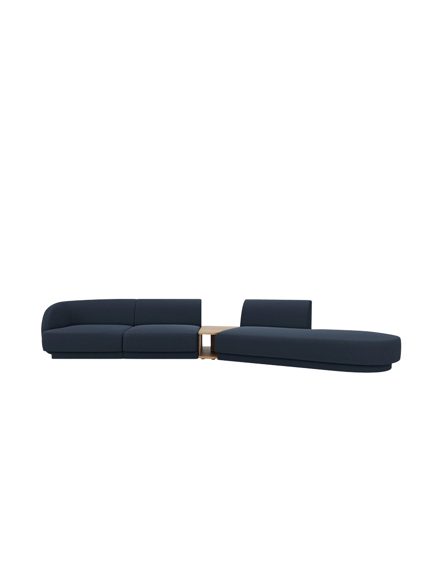 
Modulares Design Sofa „Miley“ mit Beistelltisch (4-Sitzer) - Bouclé Dunkelblau / Ottomane rechts