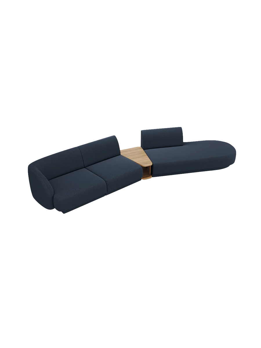 
Modulares Design Sofa „Miley“ mit Beistelltisch (4-Sitzer) - Bouclé Dunkelblau / Ottomane rechts