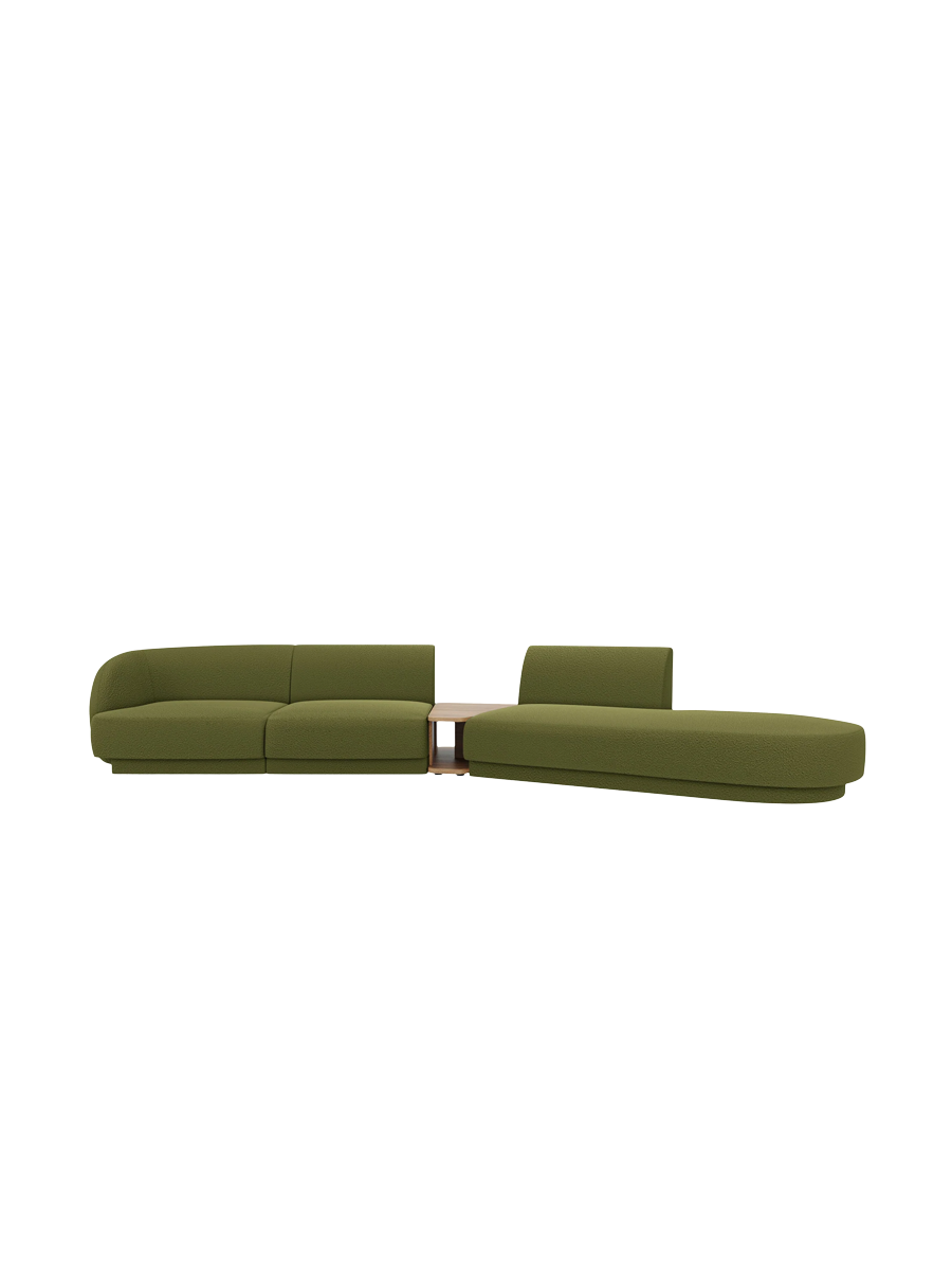 
Modulares Design Sofa „Miley“ mit Beistelltisch (4-Sitzer) - Bouclé Olivgrün / Ottomane rechts