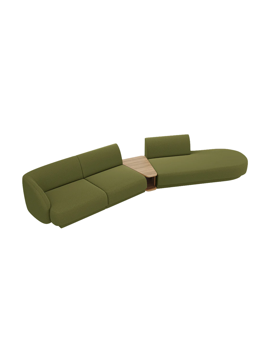 
Modulares Design Sofa „Miley“ mit Beistelltisch (4-Sitzer) - Bouclé Olivgrün / Ottomane rechts