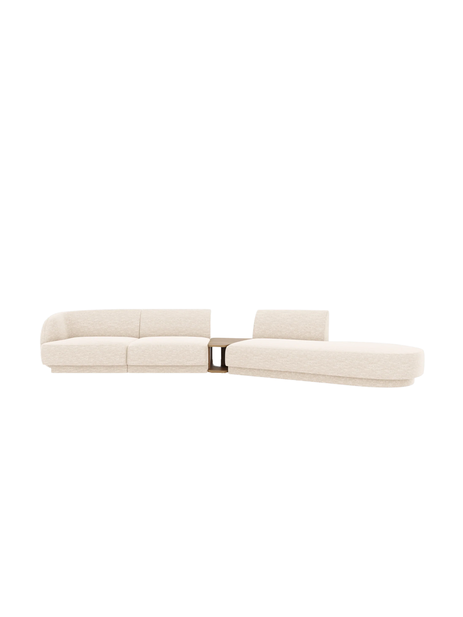 
Modulares Design Sofa „Miley“ mit Beistelltisch (4-Sitzer) - Chenille Light Beige / Ottomane rechts