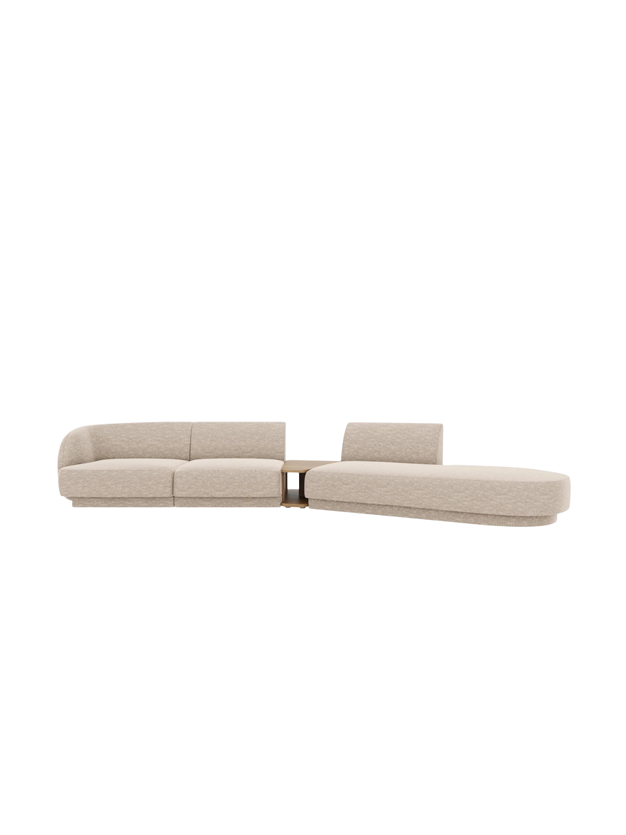 
Modulares Design Sofa „Miley“ mit Beistelltisch (4-Sitzer) - Chenille Beige / Ottomane rechts