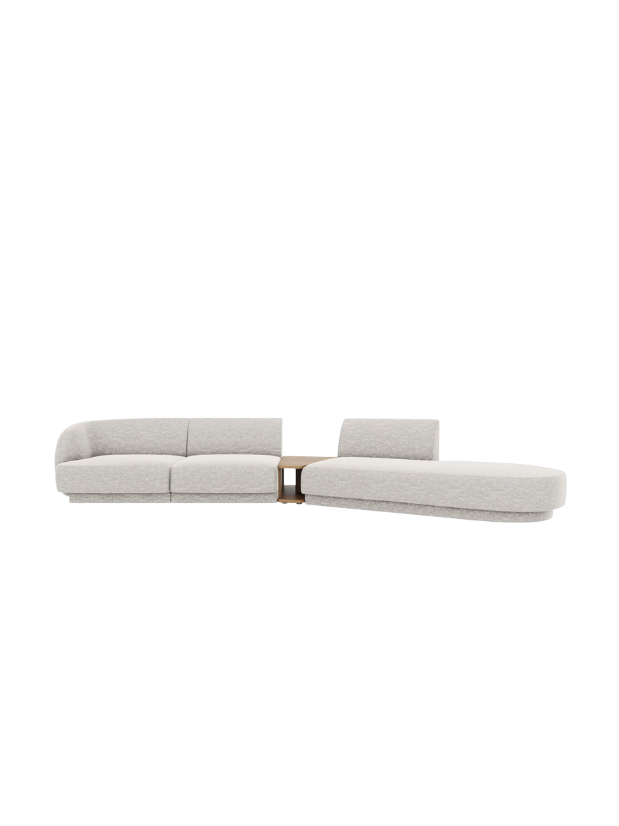 
Modulares Design Sofa „Miley“ mit Beistelltisch (4-Sitzer) - Chenille Hellgrau / Ottomane rechts