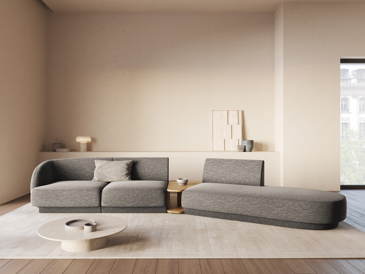 
Modulares Design Sofa „Miley“ mit Beistelltisch (4-Sitzer) - Chenille Grau / Ottomane rechts