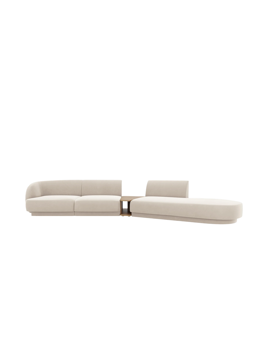 
Modulares Design Sofa „Miley“ mit Beistelltisch (4-Sitzer) - Samt Light Beige / Ottomane rechts
