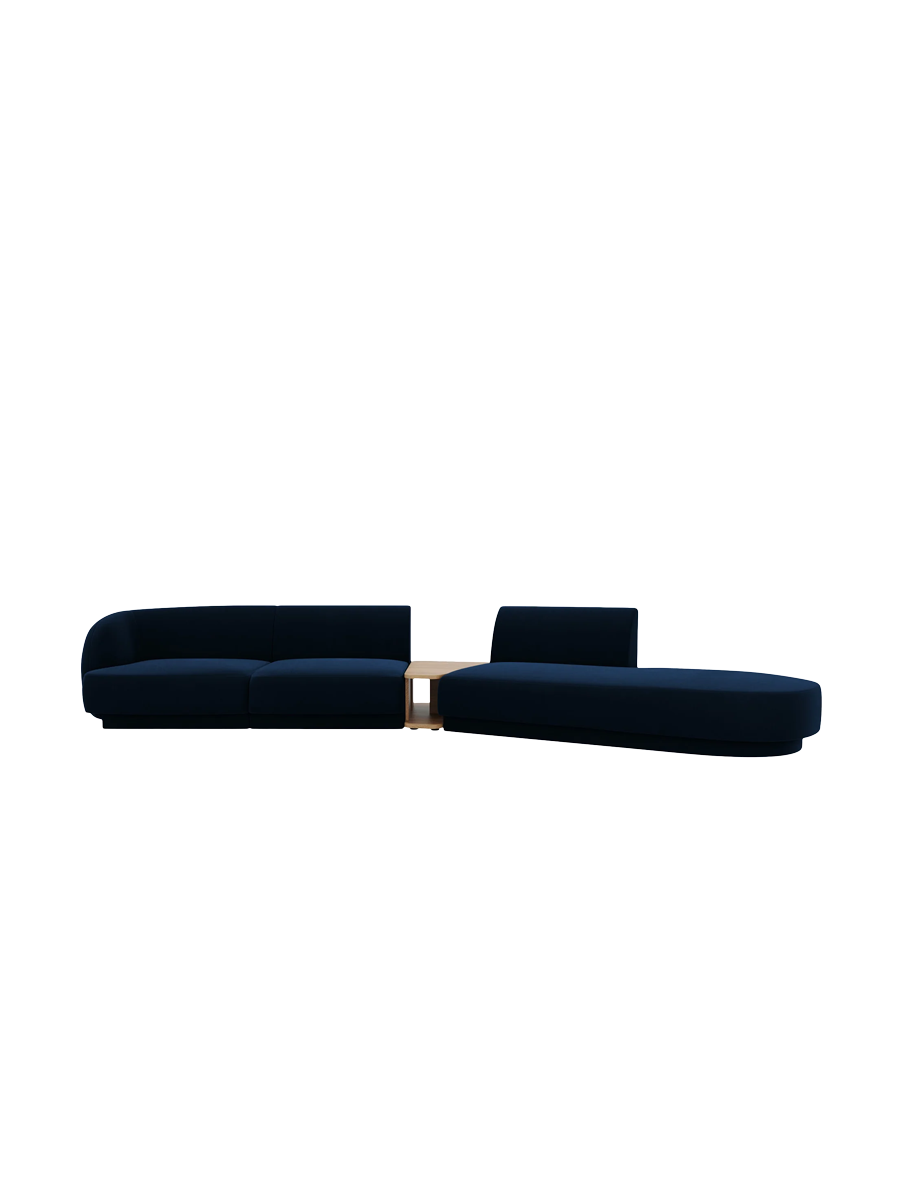 
Modulares Design Sofa „Miley“ mit Beistelltisch (4-Sitzer) - Samt Königsblau / Ottomane rechts